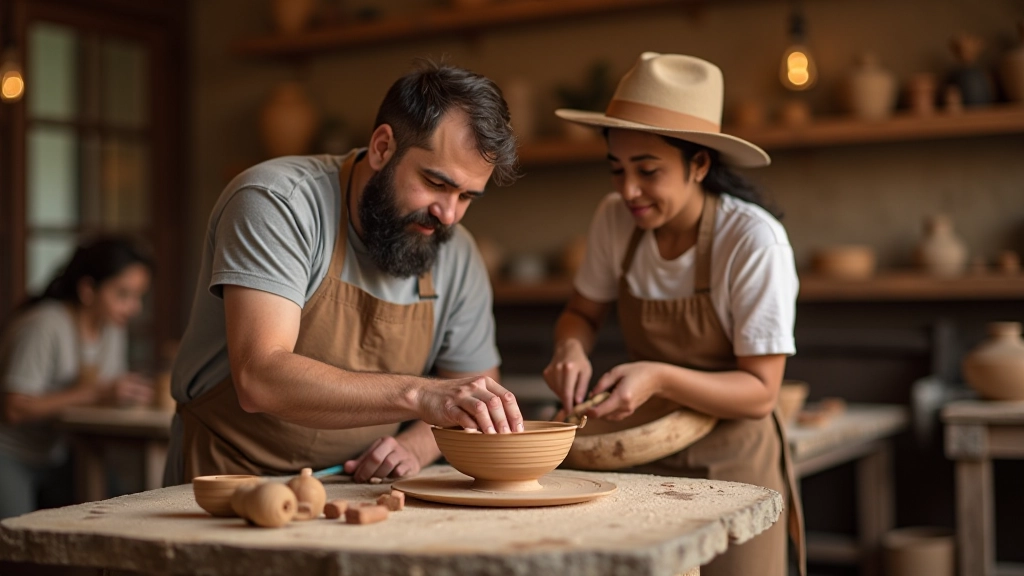 Artesãos a trabalhar com técnicas tradicionais de tecelagem e cerâmica