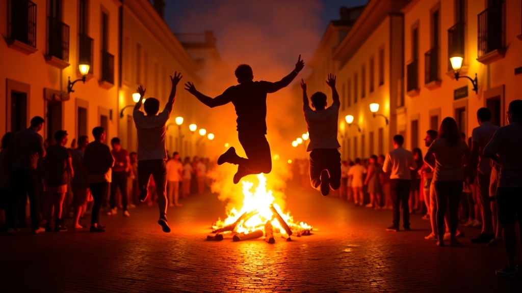 Fogueira de São João com pessoas saltando sobre as chamas, rua medieval de Braga decorada com papel colorido