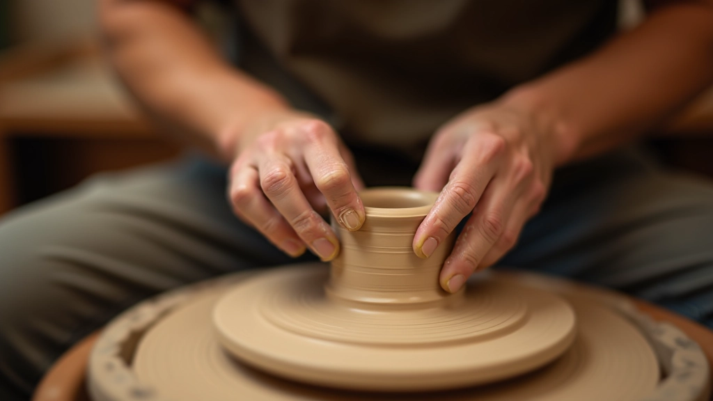 Mãos de artesão moldando cerâmica na roda, técnica tradicional portuguesa de olaria