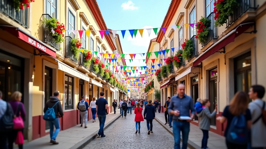 Rua da Guarda durante as festas, com decorações coloridas, grupos de vizinhos e famílias celebrando juntos