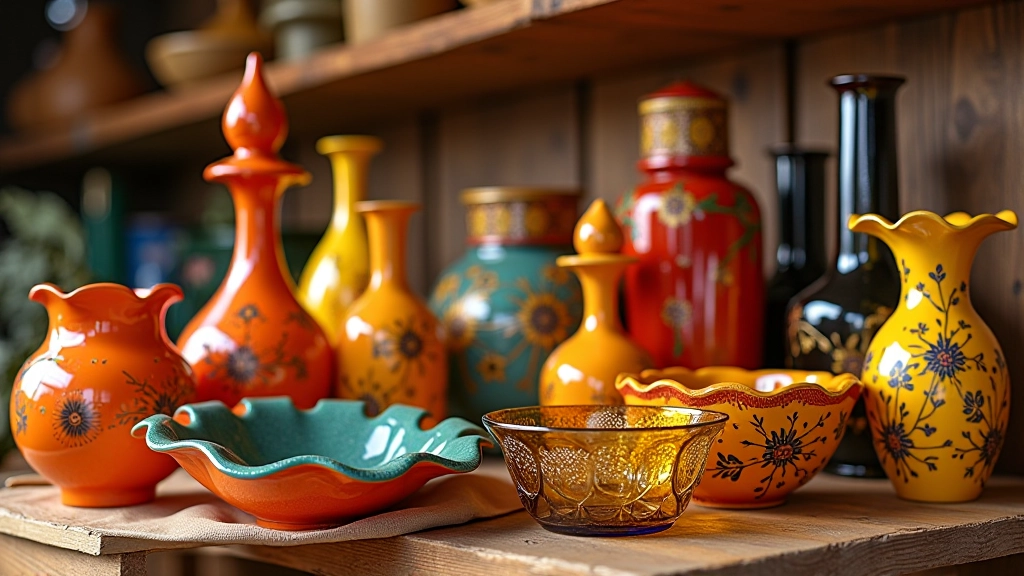 Peças de vidro artesanal colorido português em vitrine, cores vivas tradicionais