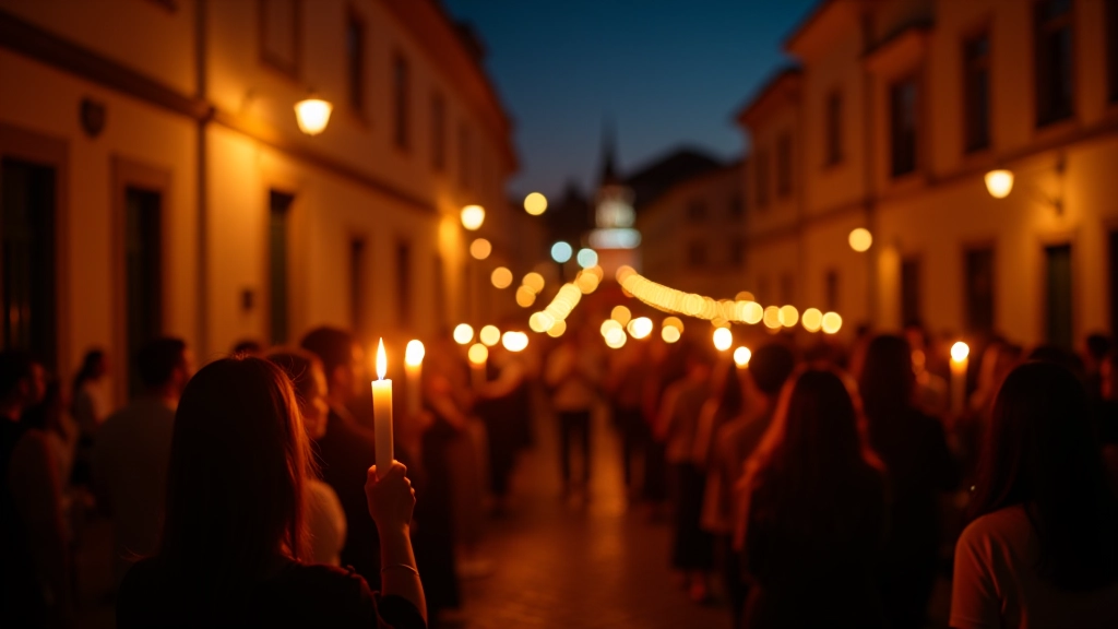 Procissão noturna de São João em Braga, com velas acesas e fiéis em oração, fachadas históricas iluminadas