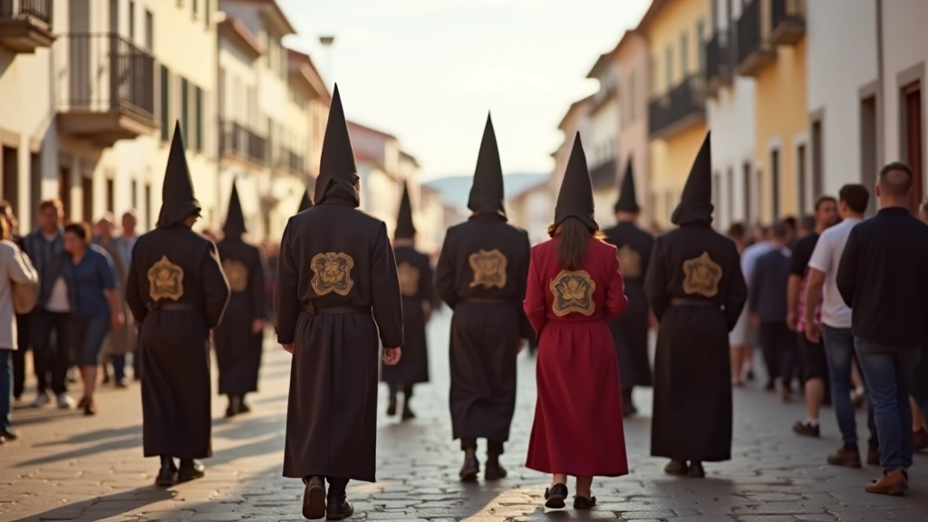 Grupo de romeiros a caminhar em processão pelas ruas de um vilarejo português