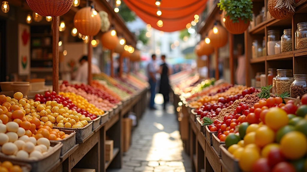 Mercado tradicional português com produtos regionais e ingredientes locais