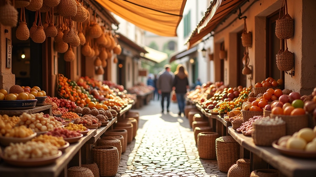 Mercado regional português com produtos locais e artesanato