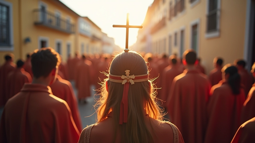 Processão religiosa em romaria portuguesa com peregrinos em jornada de fé