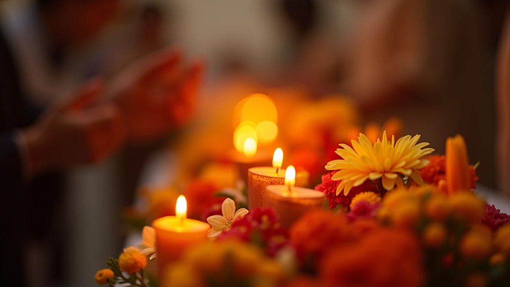 Detalhe de uma procissão religiosa com velas acesas e flores tradicionais
