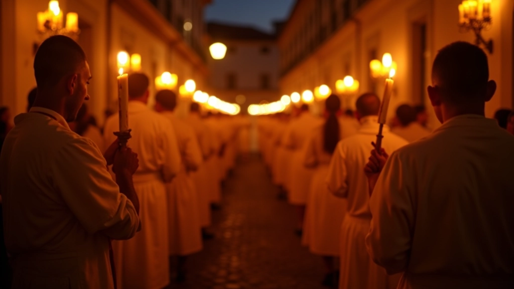 Procissão religiosa com participantes em trajes tradicionais, velas acesas e decorações sagradas