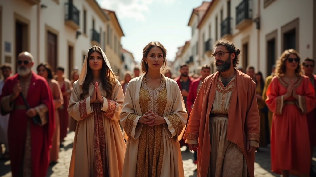 Romaria portuguesa com peregrinos em peregrinação religiosa e celebração comunitária