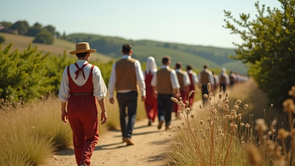Romaria tradicional portuguesa, peregrinos em procissão através de paisagem rural
