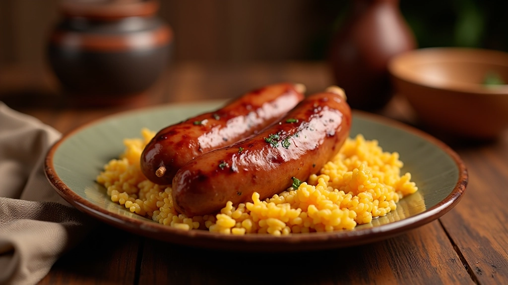 Alheira e arroz tradicional do norte de Portugal com apresentação caseira e simples