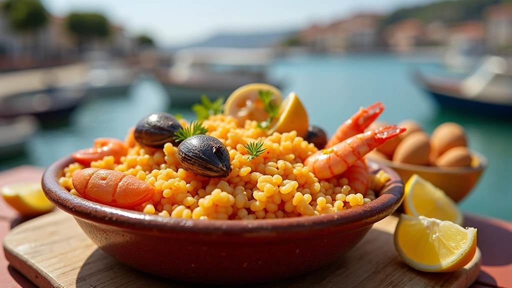 Arroz de marisco em panela tradicional com marisco fresco, limão e apresentação rústica