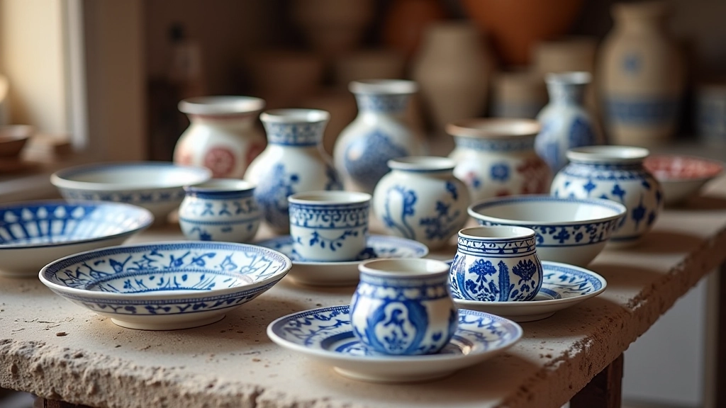Cerâmica portuguesa tradicional com padrões azuis, peças artesanais em vários estágios de criação