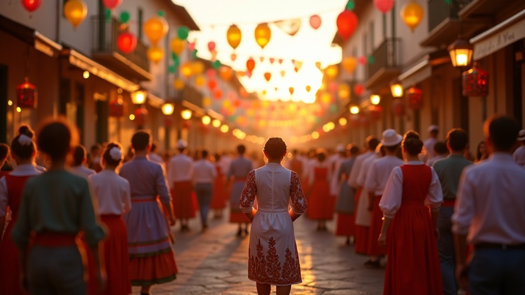 Celebração tradicional portuguesa com decorações coloridas e comunidade reunida em festa cultural
