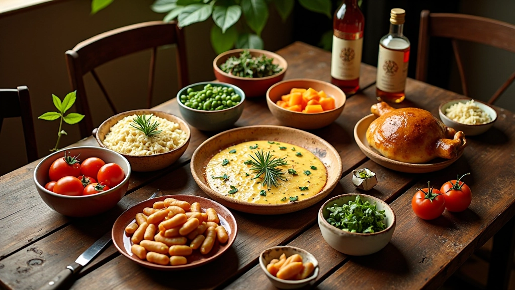 Mesa com pratos tradicionais portugueses, ingredientes locais frescos e utensílios de cozinha rústicos