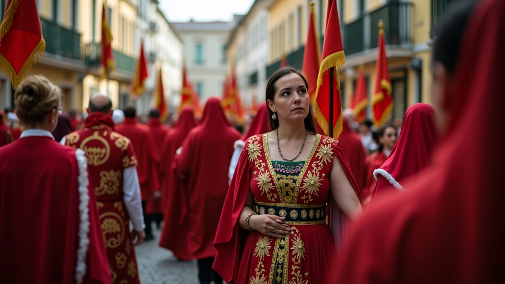 Procissão tradicional portuguesa com participantes em roupas coloridas