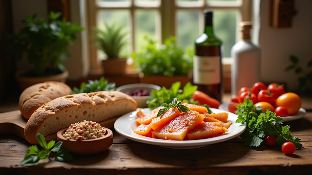 Diferentes pratos regionais portugueses dispostos numa mesa de madeira rústica com ingredientes frescos