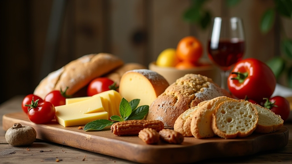 Mesa com comida tradicional da região da Guarda durante as festas, pão caseiro, queijo, vinho local